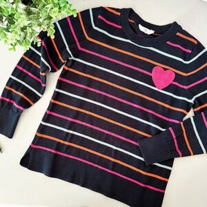 Time and Tru Striped Heart Sweater Navy Pink Orange Crew Neck M